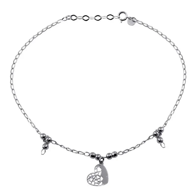Dainty Heart-And-Bead Anklet In Rhodium-Plated Sterling Silver - Tra00001 1