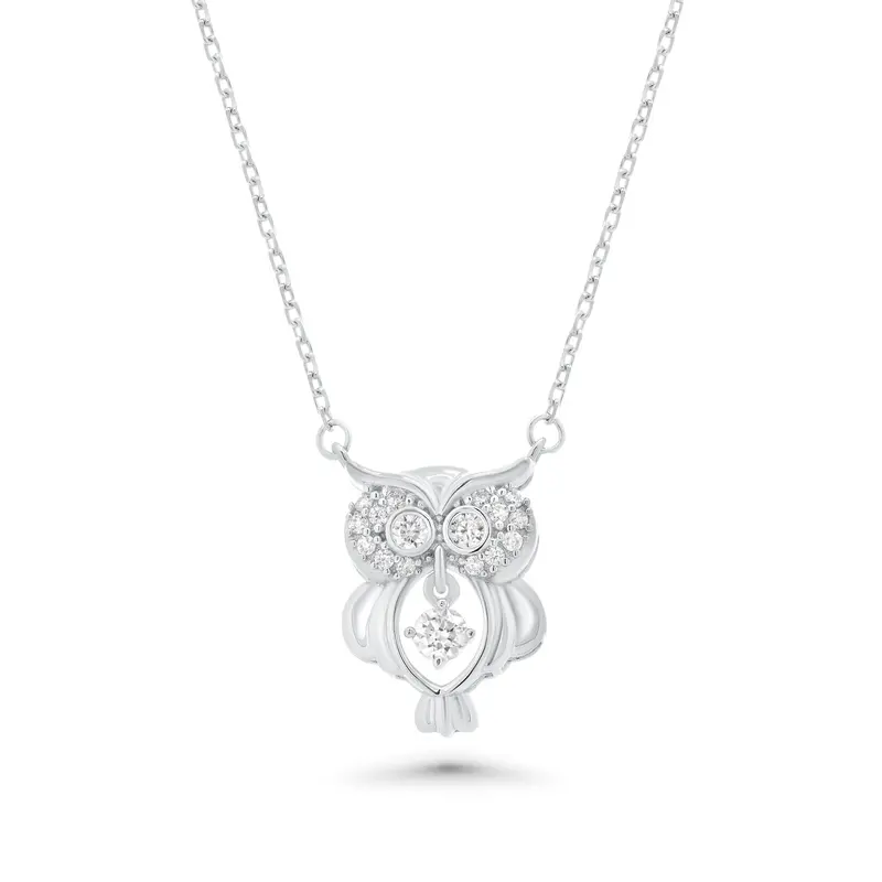 Dancing Owl Pendant Necklace With Sparkling Moissanite In Rhodium Silver 1