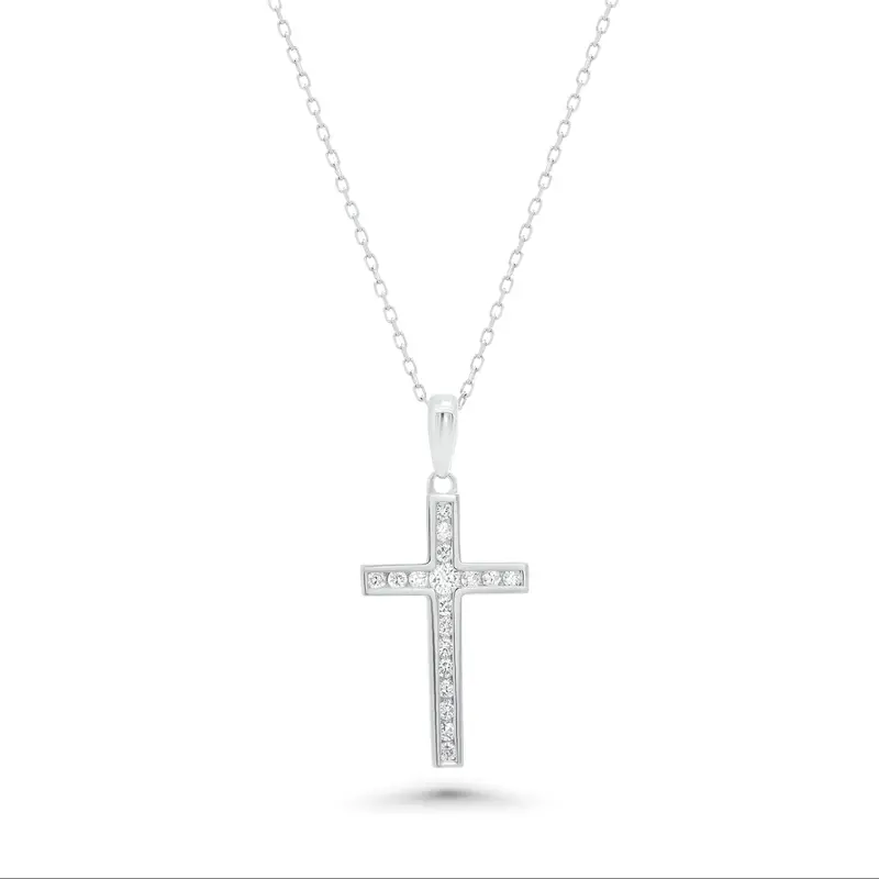 Delicate Lab-Grown Diamond Cross Pendant – Rhodium-Plated Sterling Silver (22.5Mm × 13.5Mm, Lgmn00011) 1