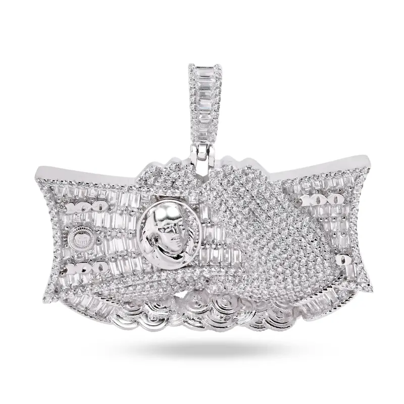 Dollar Bill Cash Pendant In Rhodium-Plated Sterling Silver With Clear Cz Embellishments 1