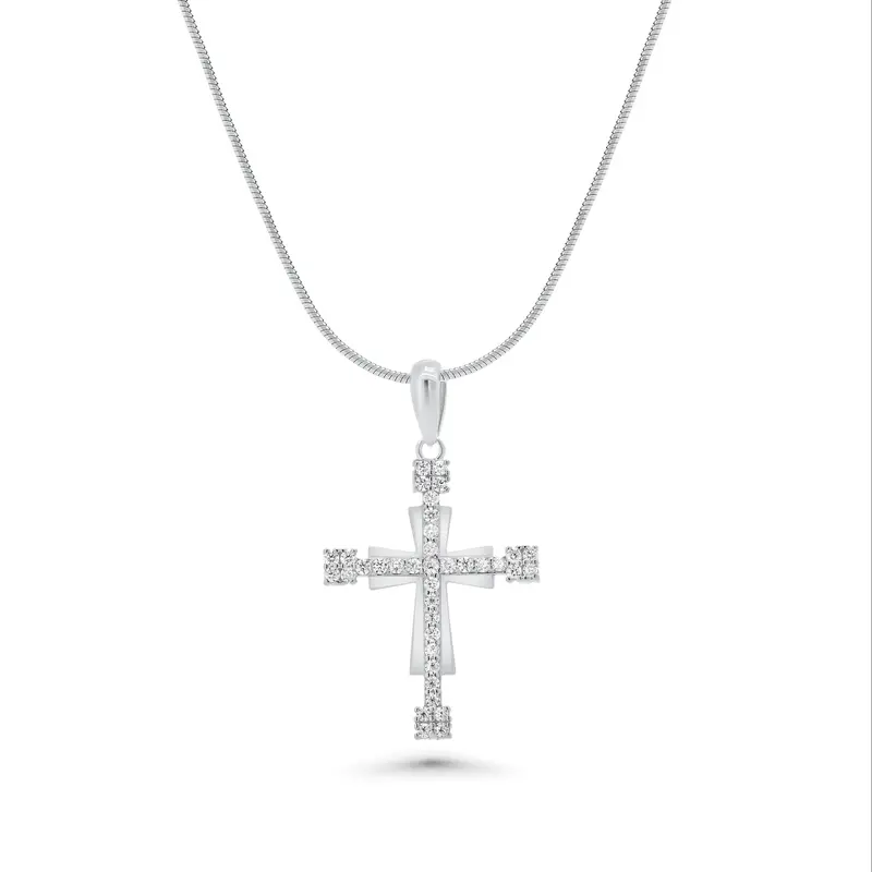 Double-Layer Cross Pendant Adorned With Moissanite In Rhodium-Plated Silver 1