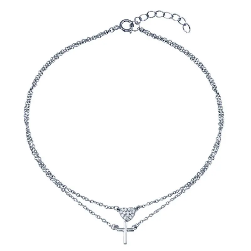Double-Row Heart Cross Anklet Set With Cz Stones In Rhodium-Plated Sterling Silver 1