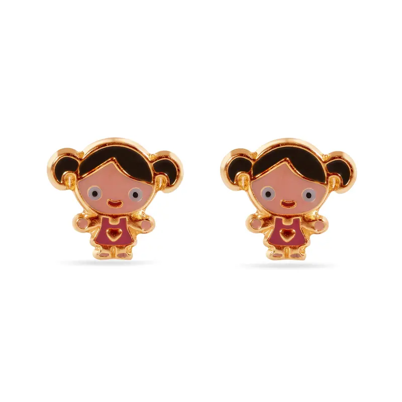 Enamel Doll Earrings In 14K White Gold – Secure Screw Back Design 1