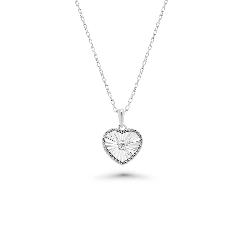 Fluted Heart Pendant Necklace Set With Moissanite In Rhodium-Plated Sterling Silver 1