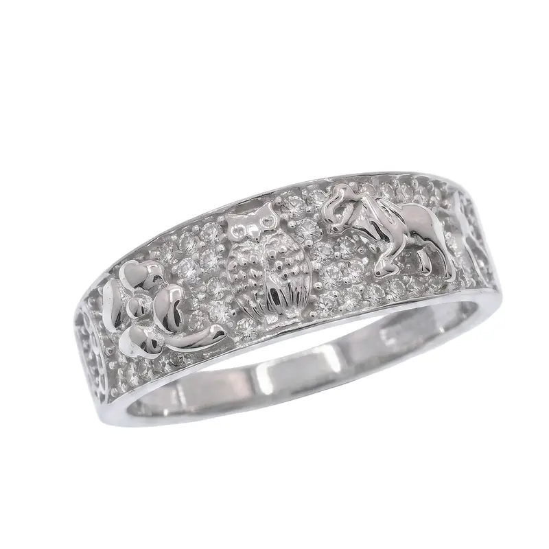 Good Luck Charm Band Ring – Elephant, Horseshoe & Owl Motifs With Pavé Crystals, Rhodium-Plated Sterling Silver, Model Mgmr00069 1