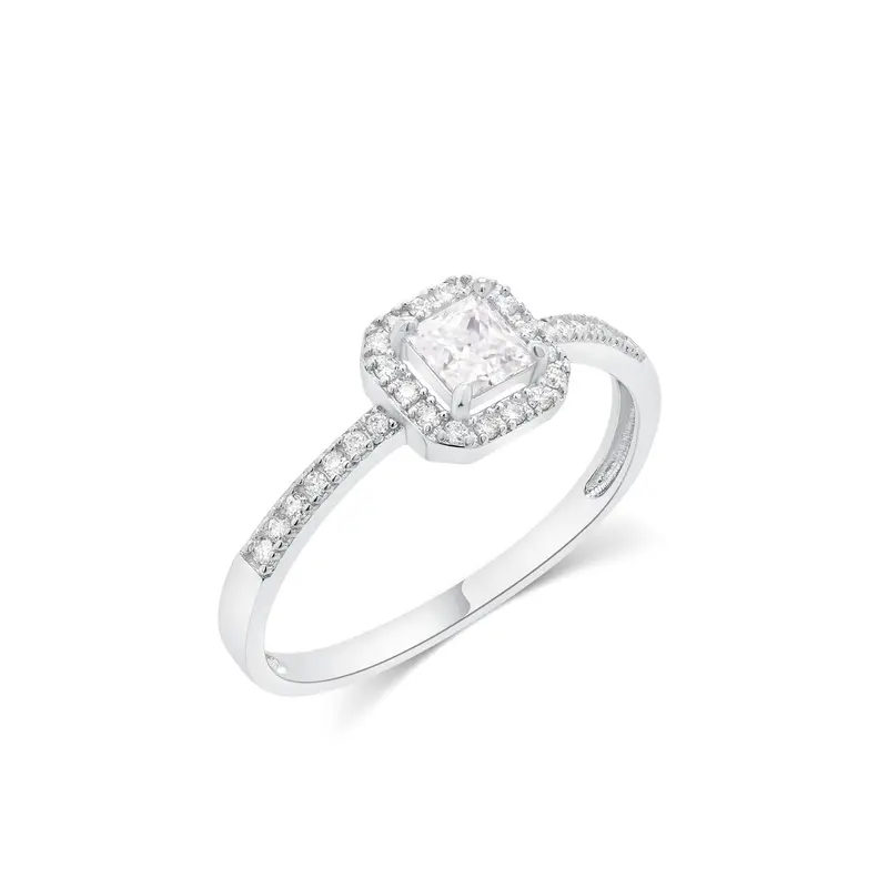 Halo-Style Moissanite Ring With Pavé-Set Band In Rhodium-Plated Sterling Silver 1