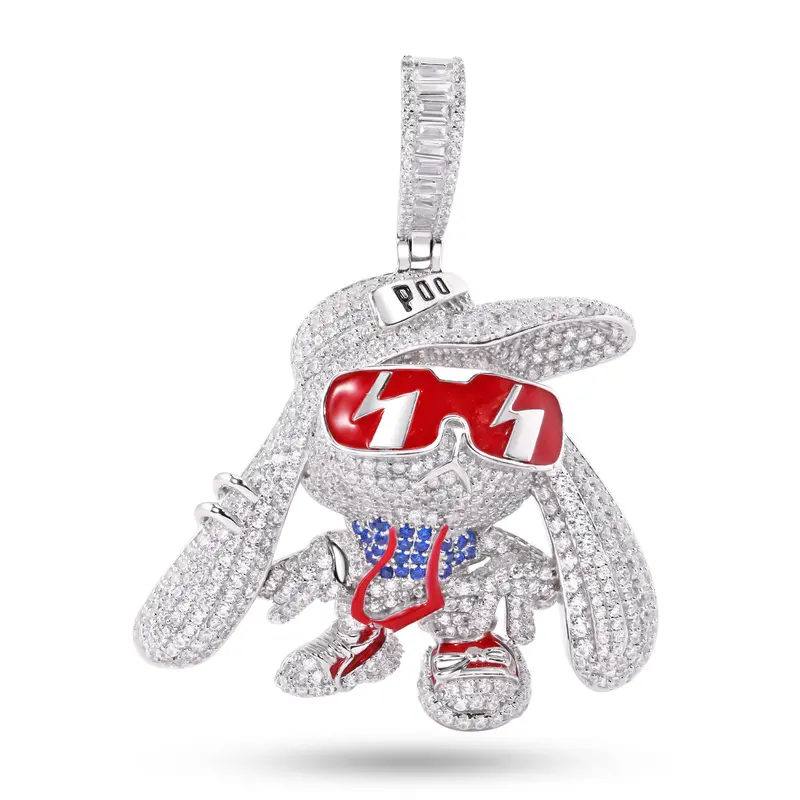 Hip Hop Bunny Pendant: Rhodium-Plated Sterling Silver With Blue & Clear Cz And Red Enamel Accents 1
