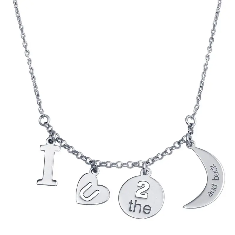 'I Love U 2 Moon' Back-Engraved Charm Necklace – Rhodium-Plated 925 Silver - Sop00112 1