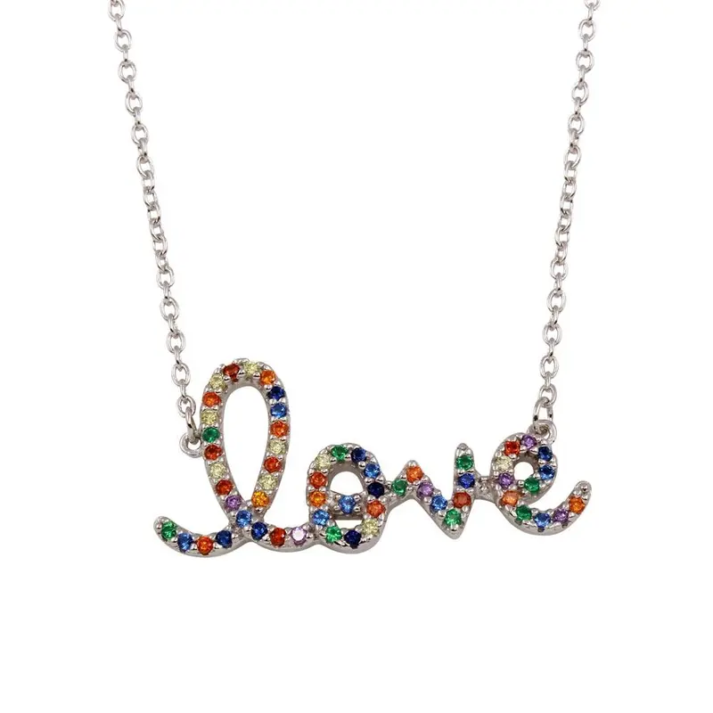 "Love" Word Pendant Necklace – Rhodium-Plated Sterling Silver With Rainbow Cz 1