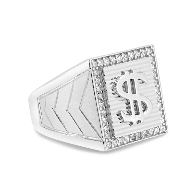Men’S Dollar Sign Ring With Cz Sparkle In Rhodium-Plated Sterling Silver - Gmr00228Rh 1