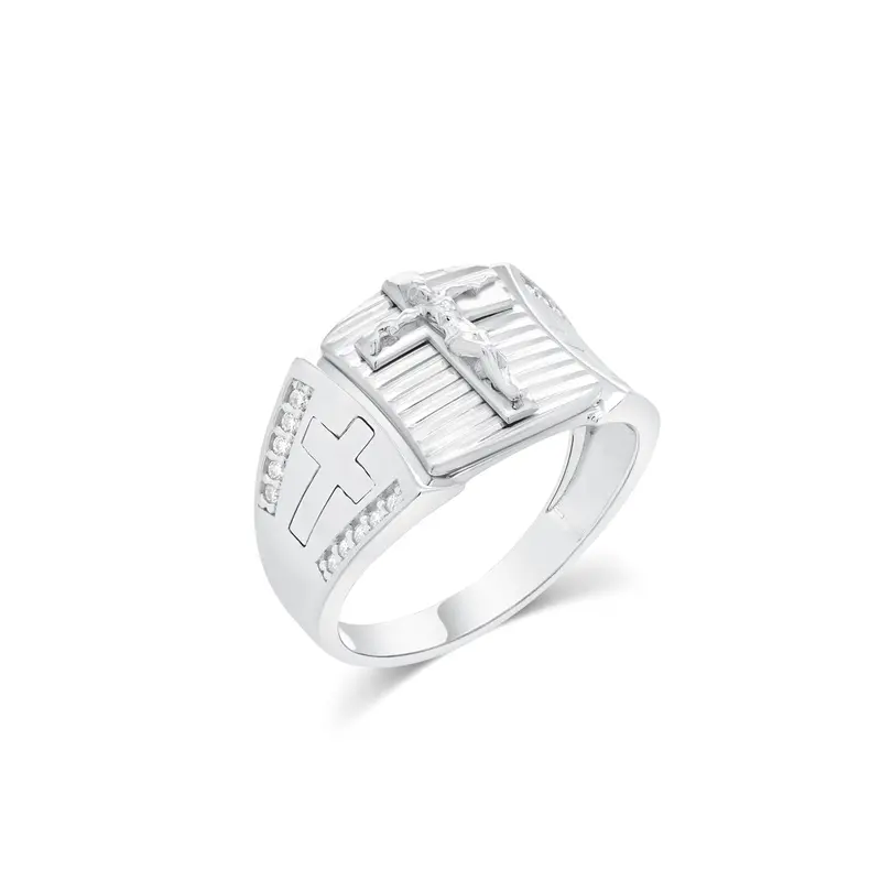 Men’S Iced Cross Ring – Rhodium-Plated 925 Silver With Moissanite & Jesus Center 1
