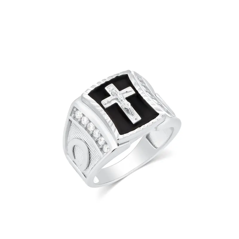 Men’S Onyx Cross Ring – Rhodium-Plated 925 Silver With Moissanite Sides 1