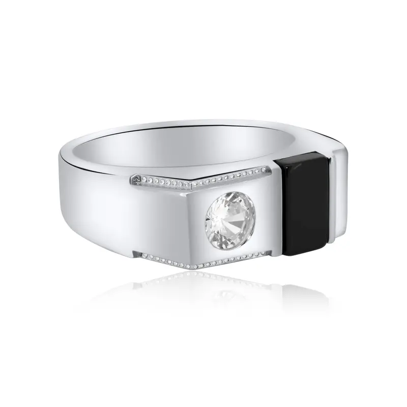 Men’S Round Black Onyx Ring With Cz Inlay In Rhodium-Plated Sterling Silver - Gmr00343 1