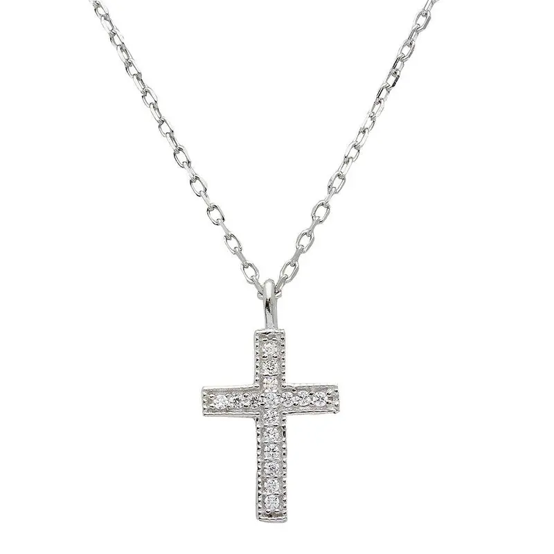 Minimalist Rhodium-Plated Cz Cross Pendant Necklace – Stp01539 1