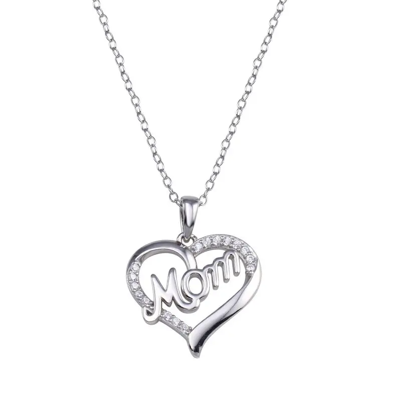 'Mom' Heart Pendant In Rhodium-Plated Sterling Silver With Clear Cz - Stp01771 1