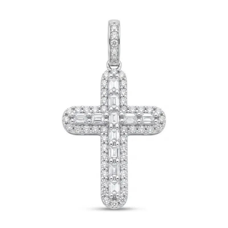 Multi-Color Baguette-Pavé Cross Pendant – Rhodium-Plated Sterling Silver, Model Mgmp00011 1
