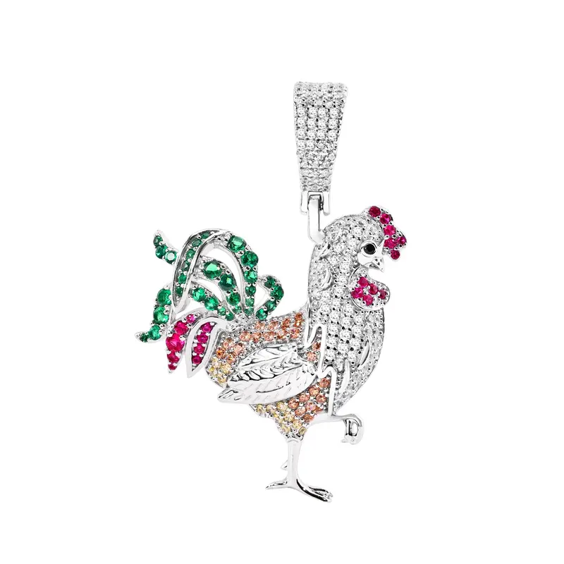 Multicolor Cz Chicken Pendant In Rhodium-Plated Sterling Silver 1