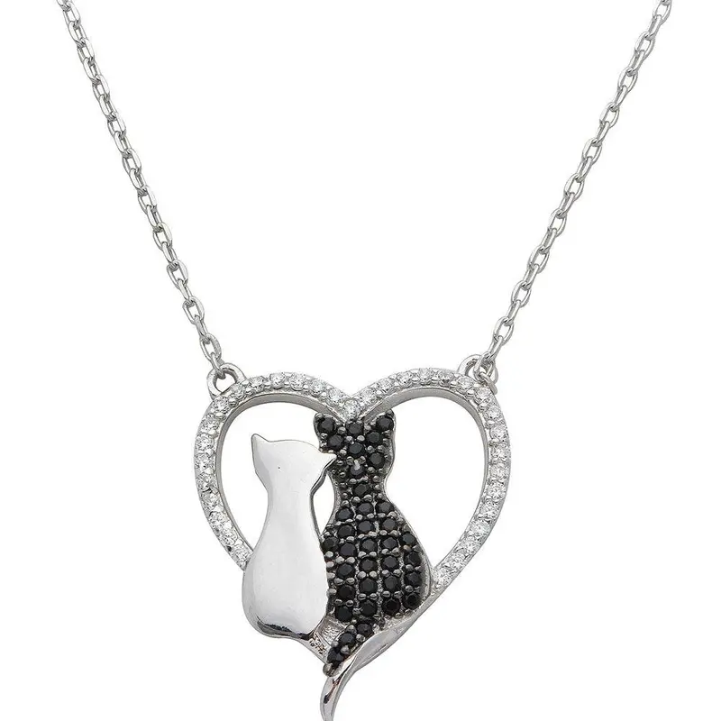 Open Heart And Dual Cat Charm Necklace In Rhodium-Plated Sterling Silver – Stp01527 1