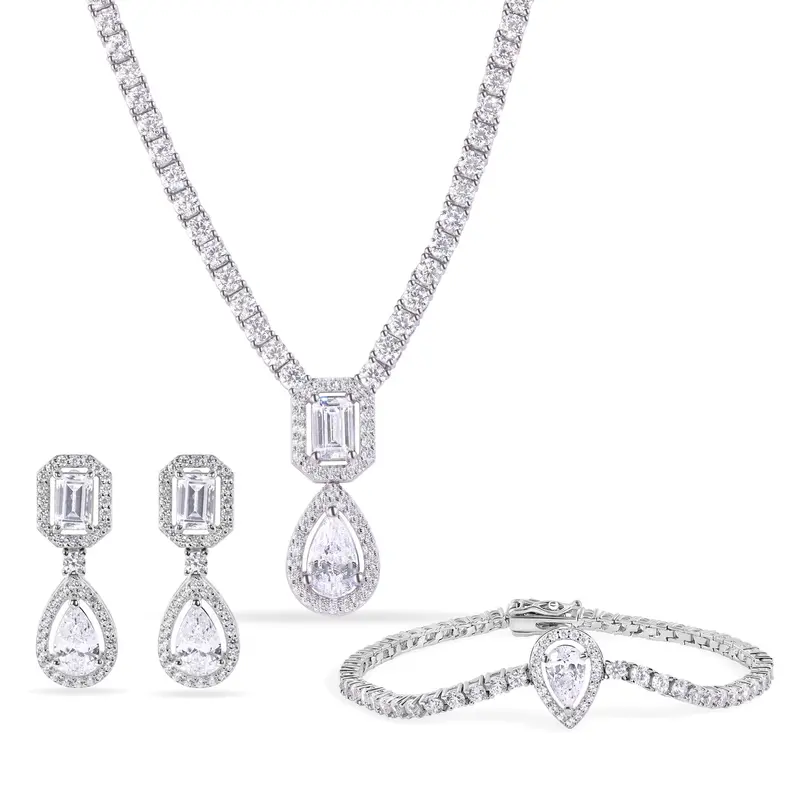 Pear-Cut Cz Jewelry Trio: 2.6Mm Tennis Necklace, Bracelet, And Dangling Earrings In Rhodium-Plated Sterling Silver - Gms00032 1