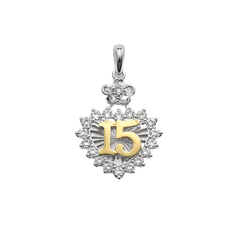 Quinceañera Floral Halo Heart Pendant With Moissanite In Two-Tone Sterling Silver 1