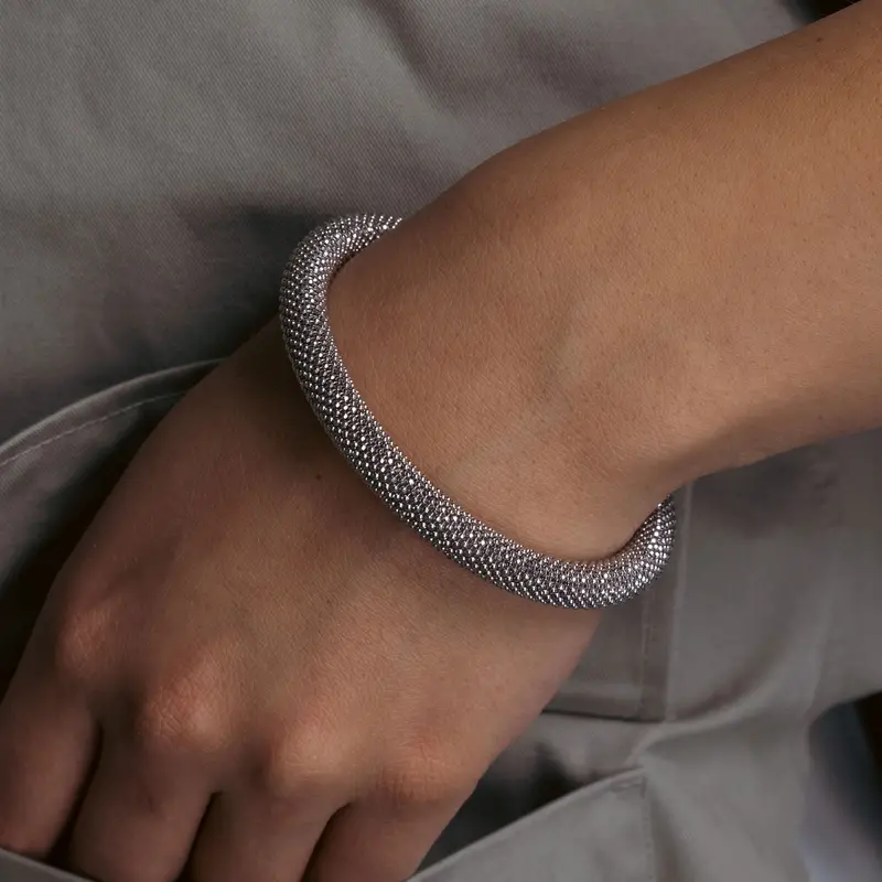 Rhodium-Plated Large Beaded Italian Bracelet In Sterling Silver 1