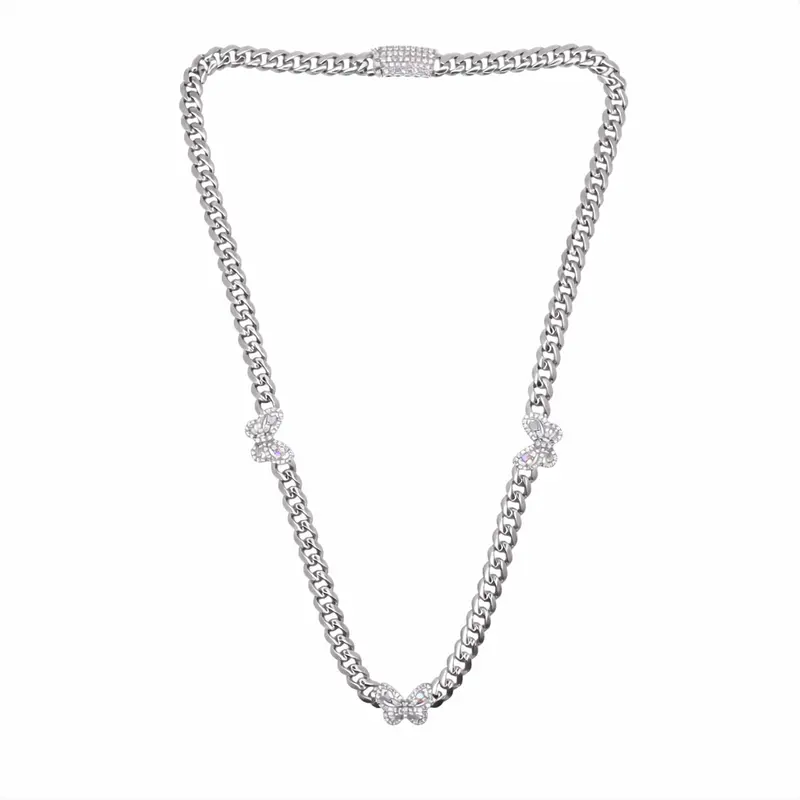 Rhodium-Plated Sterling Silver Butterfly-Themed Cuban Link Necklace With Moissanite Accents - Mgmn00012-17 1
