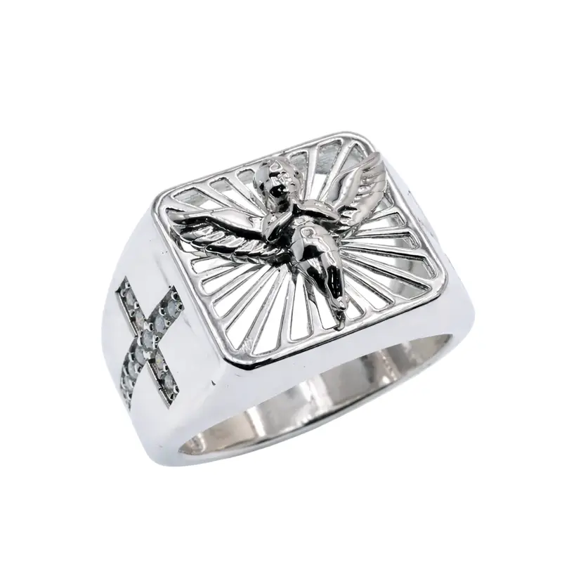 Rhodium-Plated Sterling Silver Men'S Cross Signet Ring With Angel Motif And Moissanite Details - Mgmr00048 1