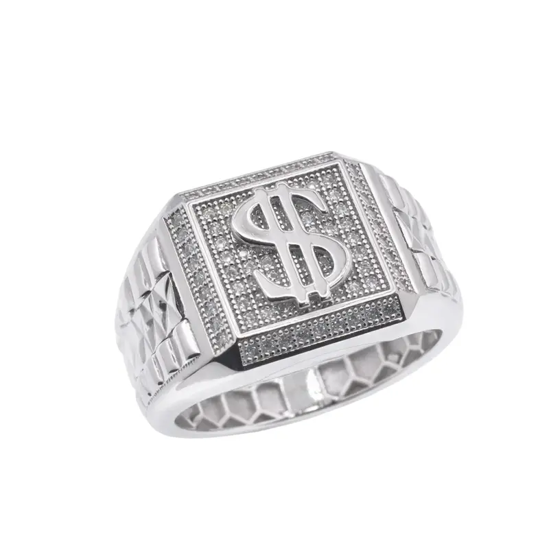 Rhodium-Plated Sterling Silver Men'S Dollar Sign Statement Ring With Moissanite Accents - Mgmr00043 1