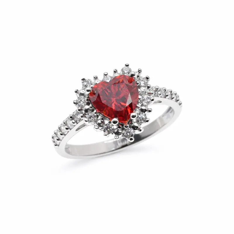 Rhodium-Plated Sterling Silver Ruby-Red Heart Ring Paved With Moissanite Stones - Mgmr00056 1