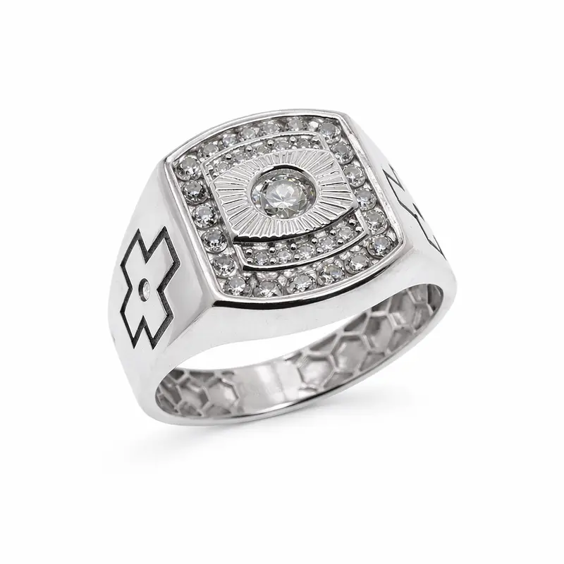 Rhodium-Plated Sterling Silver Square Halo Ring For Men With Moissanite Center - Mgmr00046 1