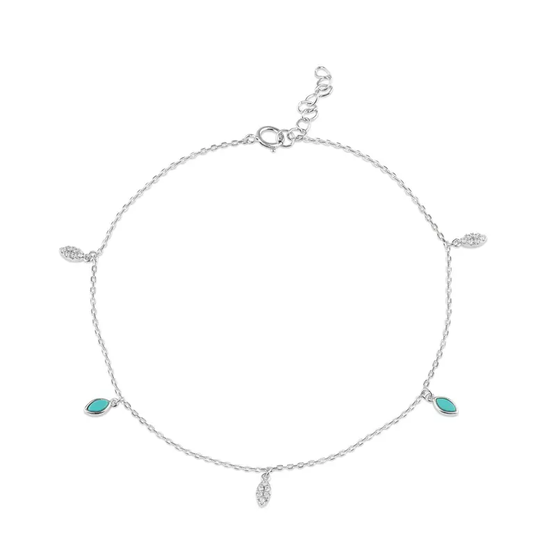 Rhodium-Plated Teardrop Anklet In 925 Sterling Silver With Turquoise & Clear Cz – Bgf00042 1