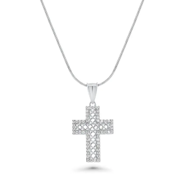 Rope-Design Cross Pendant – Rhodium-Plated 925 Silver With Moissanite 1