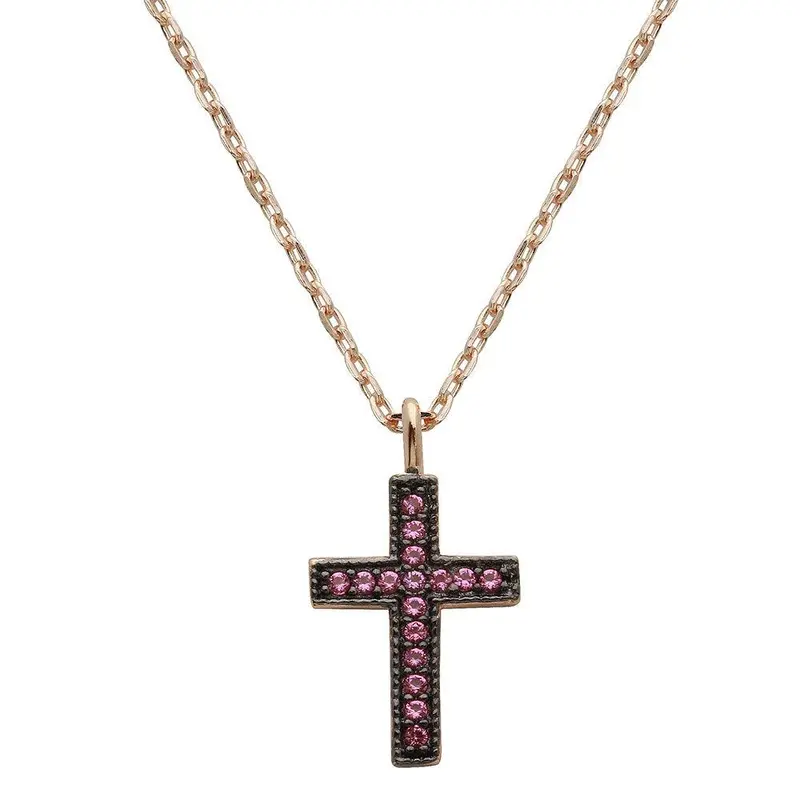 Rose Gold-Plated Cross Pendant Necklace With Pink Cubic Zirconia – Stp01539Rgp 1