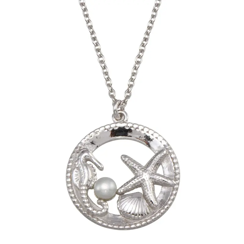 Seahorse, Starfish, Clam & Pearl Pendant In Rhodium-Plated 925 Silver – Coastal-Themed Necklace Sop00159 1