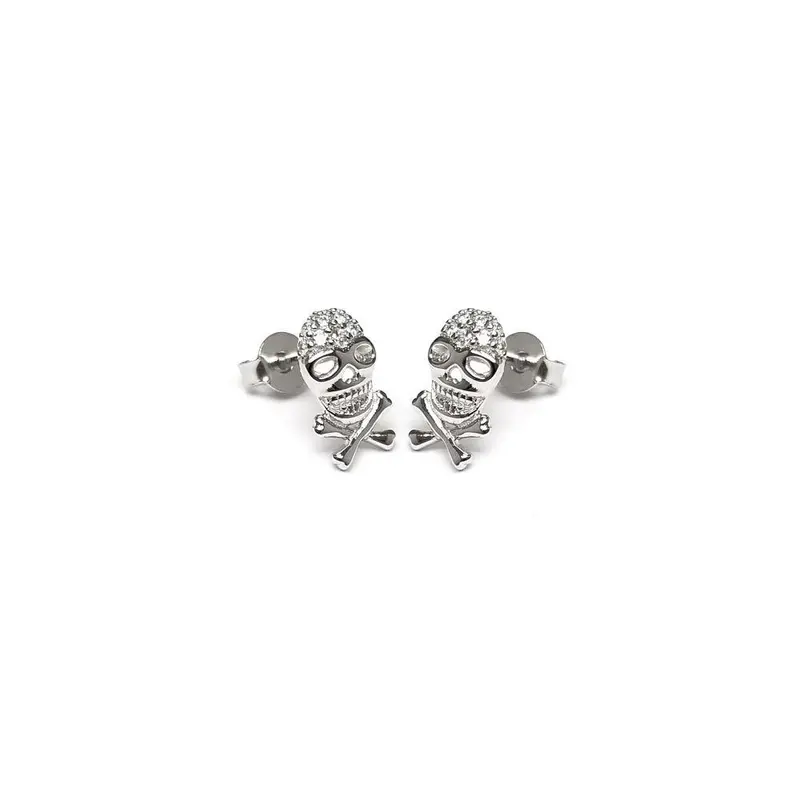 Skull-Shaped Cz Stud Earrings In Rhodium-Plated Sterling Silver 1