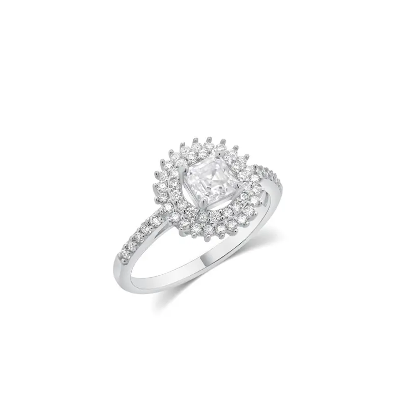 Square Halo Ring With Double-Pave Moissanite Detailing In Rhodium-Plated Silver 1