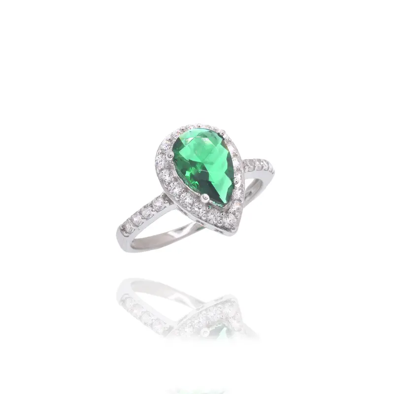 Teardrop Ring Featuring Emerald And Clear Cz Stones In Rhodium-Plated 925 Sterling Silver – Gmr00463 1