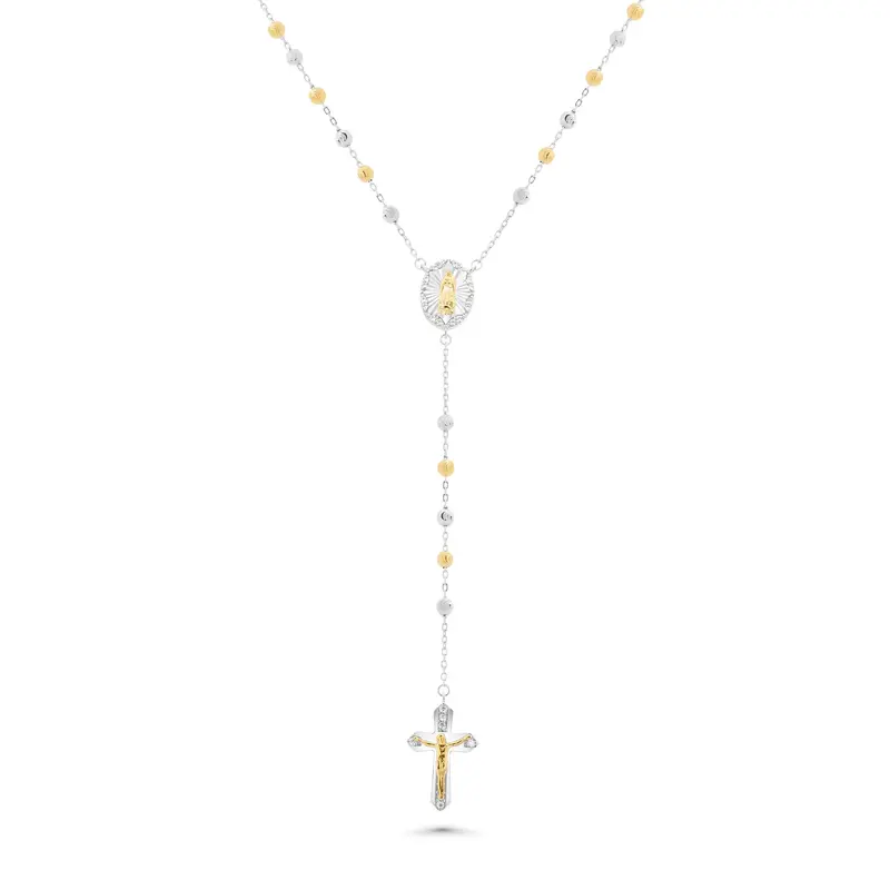 Two-Tone Diamond-Cut Beaded Rosary Necklace With Clear Cz 1