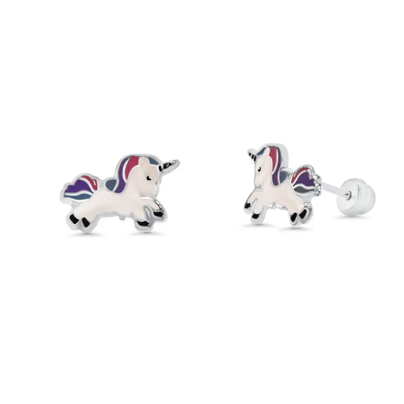 Vibrant Multicolored Enamel Unicorn Stud Earrings – Sterling Silver (Sil00011) 1