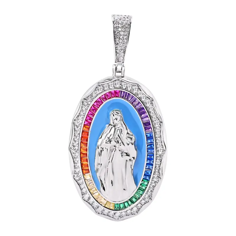 Virgin Mary Pendant In Rhodium-Plated Sterling Silver With Multicolored Baguette And Round Cz Stones 1