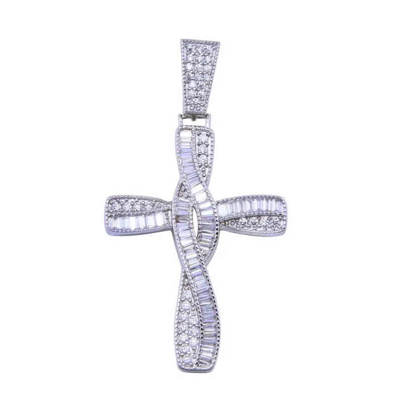 Wave-Design Cross Pendant In Rhodium-Plated 925 Sterling Silver With Cz Accents – Slp00328 1