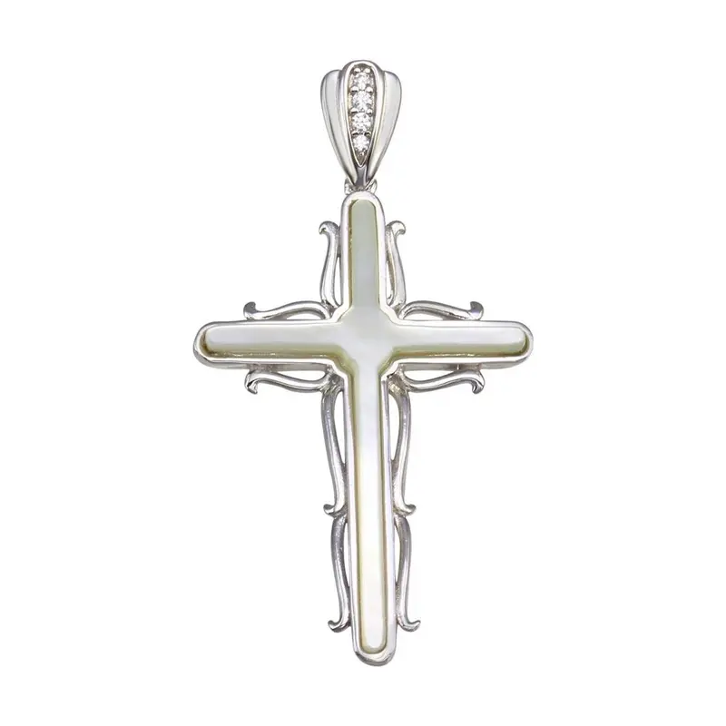Wave-Design Mother Of Pearl Cross Pendant In Rhodium-Plated Sterling Silver With Cubic Zirconia - Gmp00028 1