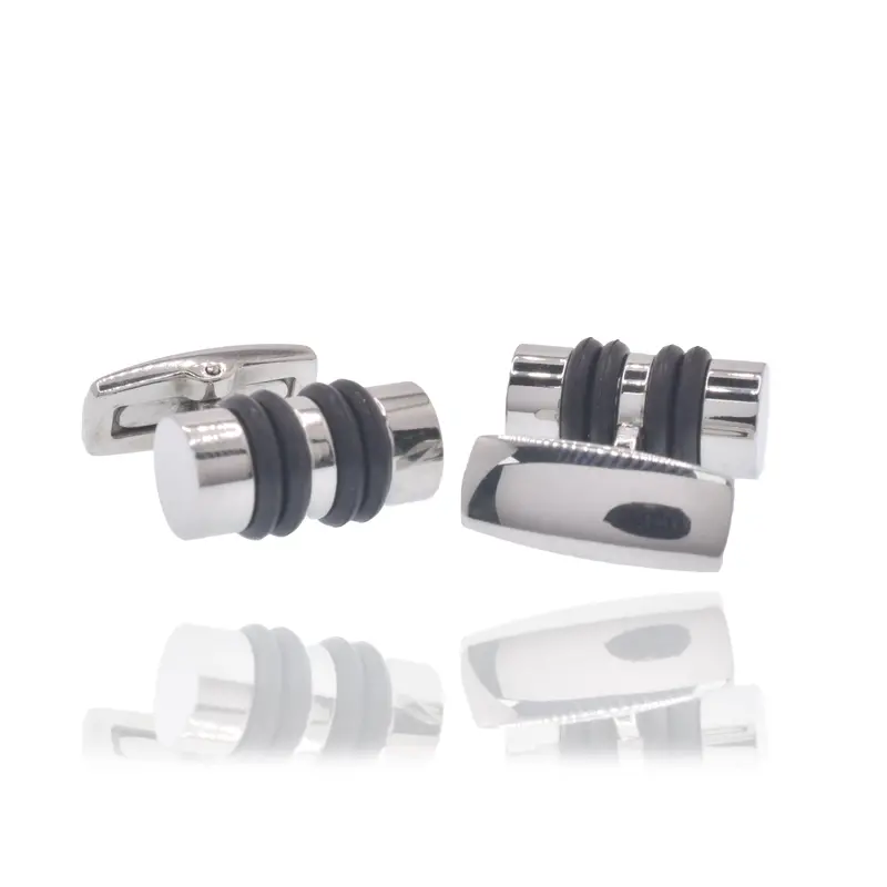 Whale-Back Cufflinks: Rhodium-Plated Stainless Steel Round Bar With Rubber Inserts (18Mm × 9Mm) – Scu00007 1