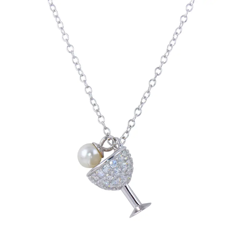 Wine Glass Pendant Necklace: Rhodium-Plated Sterling Silver With Cz & Synthetic Pearl - Stp01654 1