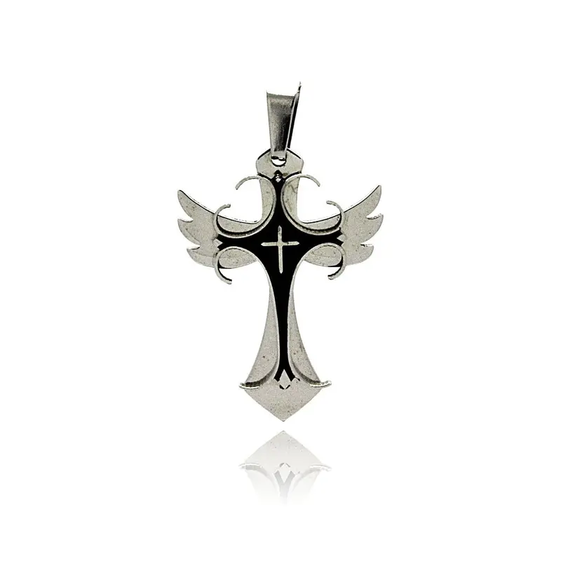 Winged Cross Pendant With Black Inlay, Rhodium-Plated Stainless Steel - Ssp00192 1