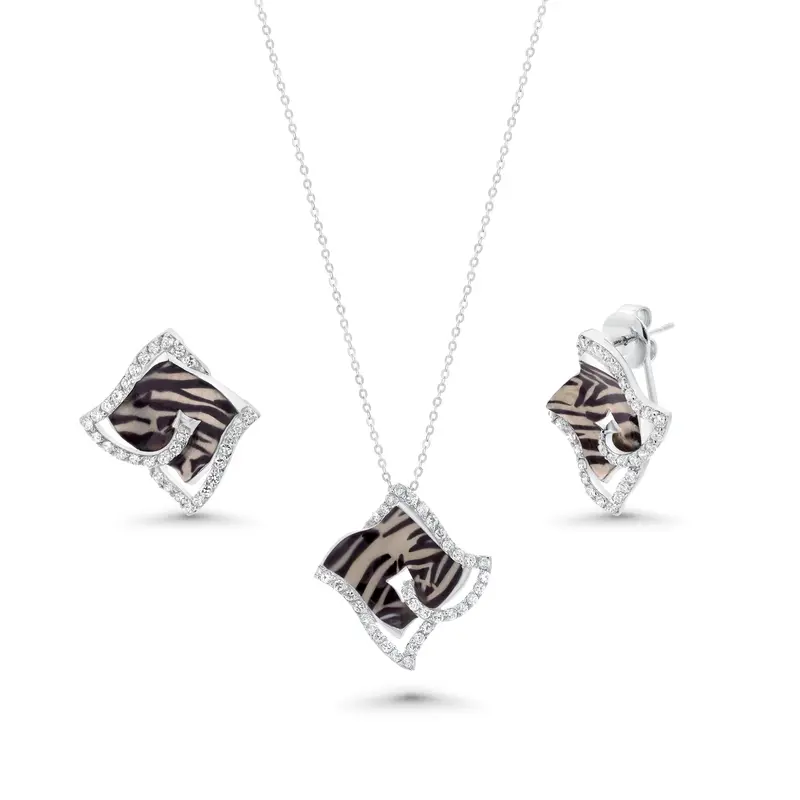Zebra-Print Square Cz French Clip Earring And Necklace Set In Rhodium-Plated 925 Sterling Silver – Bgs00086 1