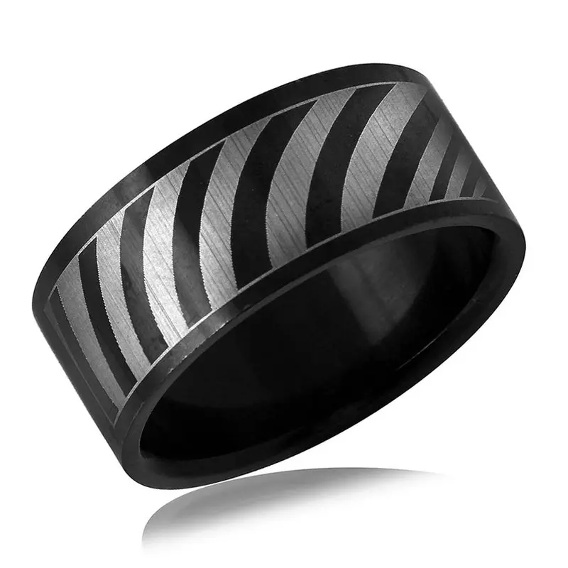 Zebra-Stripe Band Ring In Black And Rhodium-Plated Stainless Steel 1